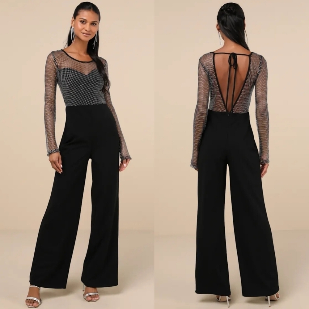 Lulus Beyond Glamorous Black Fishnet Rhinestone Jumpsuit XL Wedding Guest Party